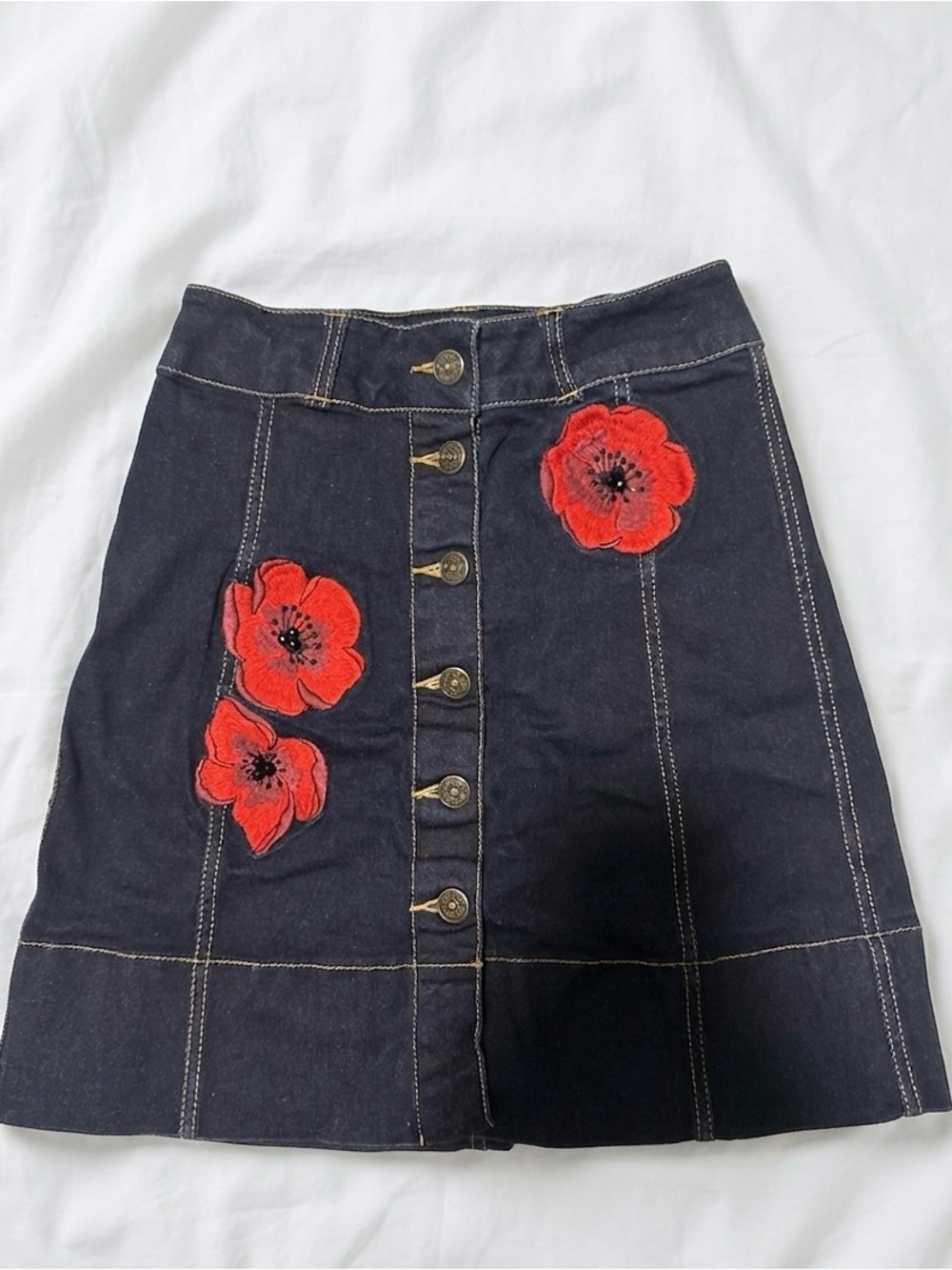 Kate Spade Floral Embroidered Denim Midi Skirt